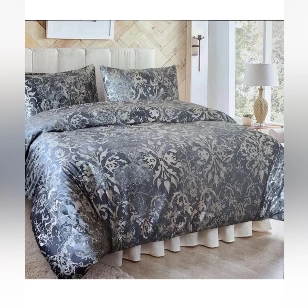 Callisto Home Velvet Metallic Foil King Size 3 Piece Luxury Duvet Cover Set New